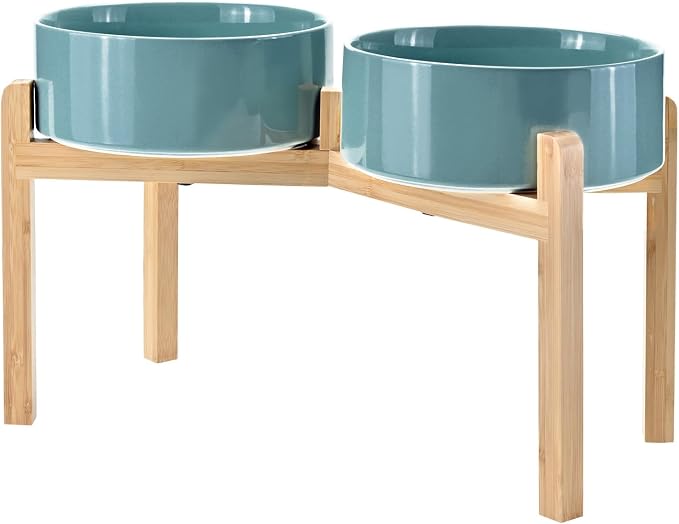 SPUNKYJUNKY Elevated Dog Bowls Ceramic, 8.3'' Dogs Food Water Bowls Raised with Non-Slip Bamboo Stand for Large Sized Breed Microwave Dishwasher Safe - 60 OZ,Dark Green by SPUNKYJUNKY