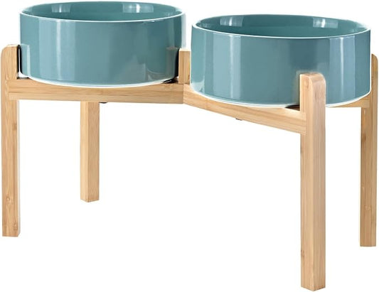 SPUNKYJUNKY Elevated Dog Bowls Ceramic, 8.3'' Dogs Food Water Bowls Raised with Non-Slip Bamboo Stand for Large Sized Breed Microwave Dishwasher Safe - 60 OZ,Dark Green by SPUNKYJUNKY