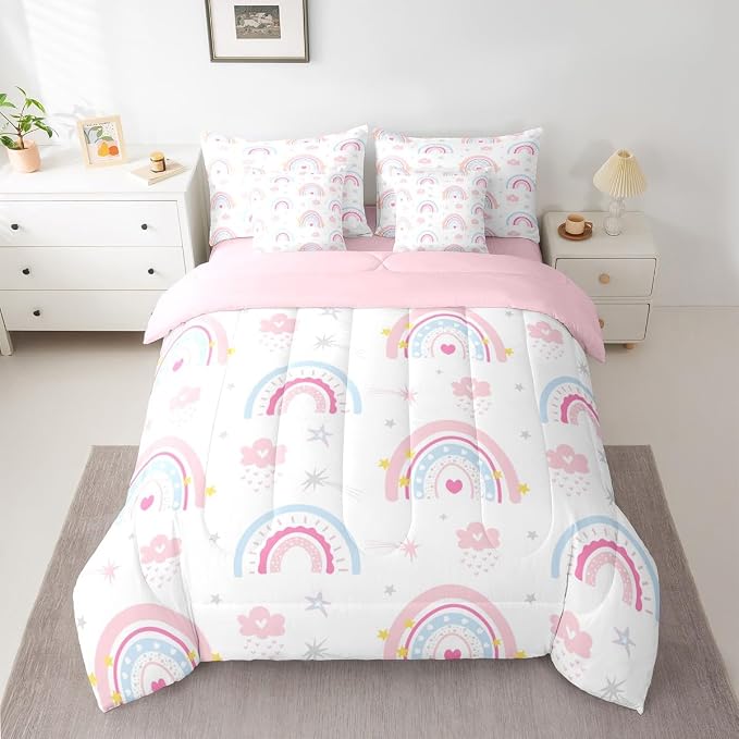 Feelyou Cute Rainbow 7 Piece Bedding Set Pink Blue Comforter Set with Sheets for Kids Boys Girls Star Print Bed in a Bag Cartoon Cute Bed Set Soft Lightweight - Image 2