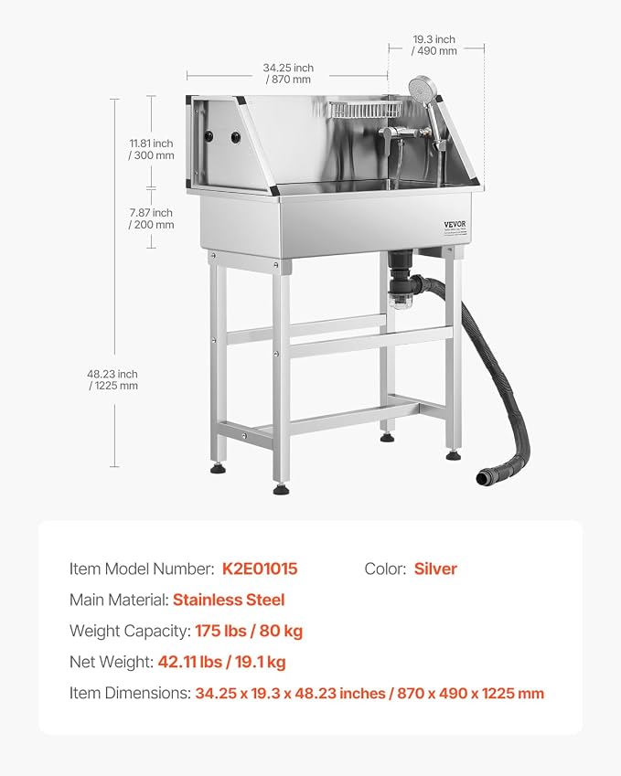 VEVOR Professional Dog Washing Station, 34 Inch Stainless Steel Pet Grooming Tub with Hot & Cold Faucet, Showerhead, Storage Rack, No-Bend All-in-One Bathtub, Home Wash Sink, Fits Small Cats and Dogs - Image 7