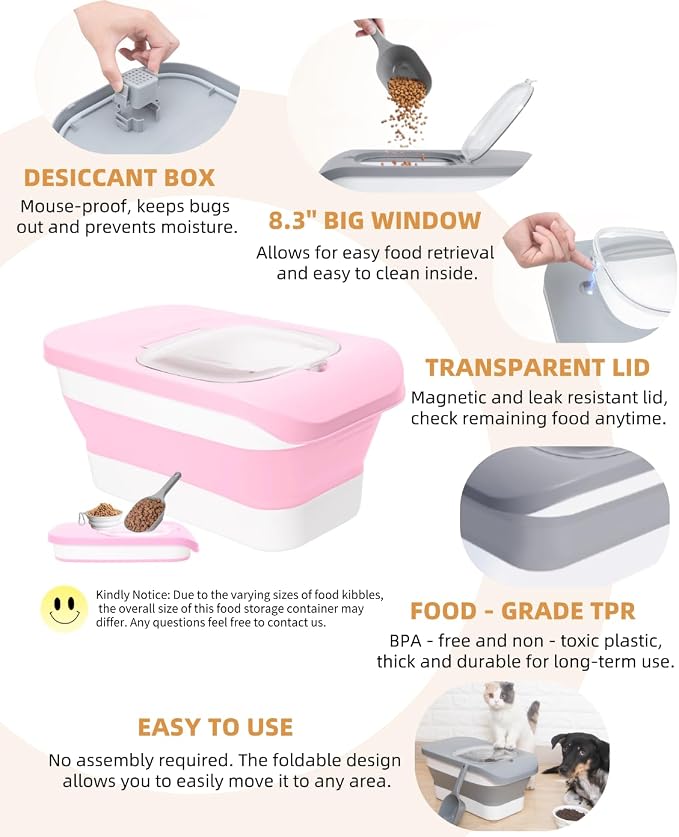 10-13 Lbs Airtight Dog Food Storage Container,Collapsible Pet Food Storage | Dog Food Container with Double Airtight Seal,Cat Food Container Dry Food Fresh,Space Saving,Pest/Mouse-proof,Scoop,Pink - Image 7