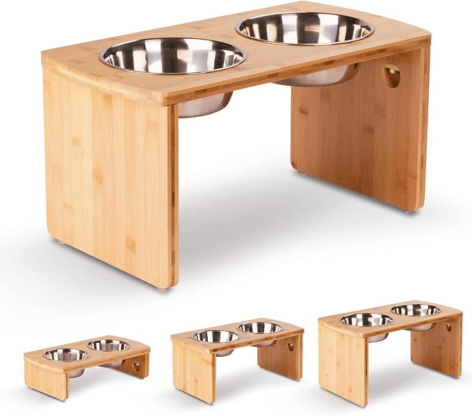 Elevated Dog Bowls, Bamboo Raised Dog Bowl for Large Dogs & Medium Dogs, with 2 Stainless Steel Bowls (10'' Tall–48 oz Bowl) by JoyoPawFamily