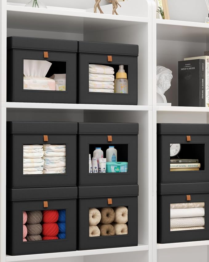 Homsorout Storage Bins with Lid – Closet Organizer with Side Opening and Clear Window, Foldable Stackable Fabric Basket for Clothes, Home, Office - 13.77" x 11.8" x 9.8", 5 Pack, Black - Image 6