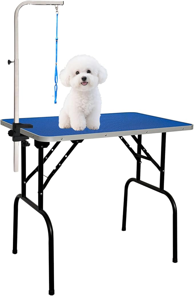 30-inch Foldable Dog Grooming Table - Heavy Duty Iron Pet Grooming Station with Adjustable Arm & Noose, Portable Non-Slip for Small Medium Dogs & Cats, Home & Salon Use - Blue by BaoheDC