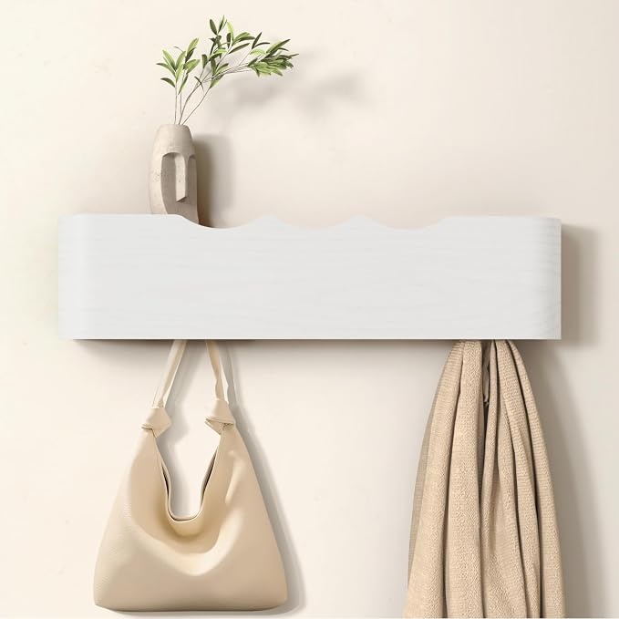 Wall Mounted Coat Rack with Shelf, Wooden Entryway Organizer with Hidden Metal Hooks for Hanging Coats Bags Keys, Modern Floating Shelf for Hallway Bathroom by VERASCOT
