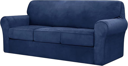 CHUN YI 4 Piece Velvet Couch Covers for 3 Cushion Couch, Water Resistant Non Slip Sofa Slipcover, High Stretch Thick Furniture Protector for Dogs Pets, Large, Navy by CHUNYI