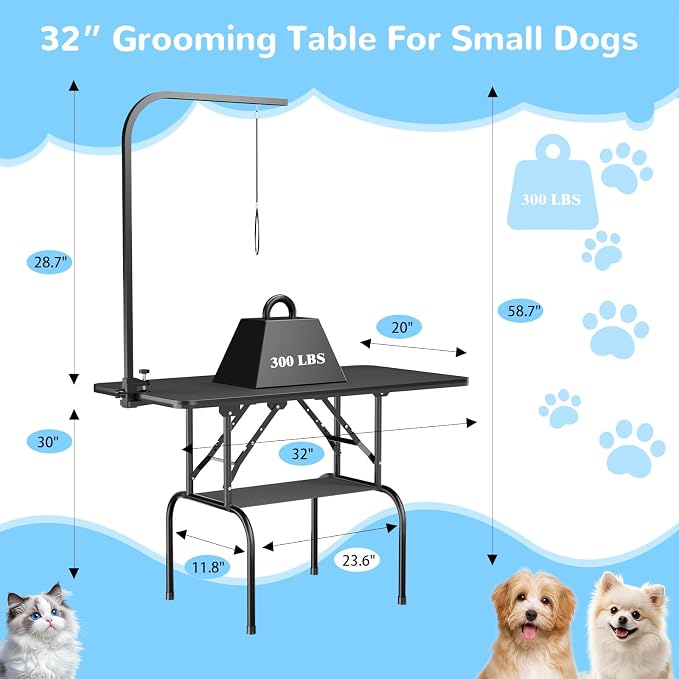 32-Inch Dog Grooming Table for Small & Medium Dogs, Foldable Pet Grooming Table with Adjustable Arm, Noose & Mesh Tray, Non-Slip Waterproof Surface, Supports Up to 300 lbs - Image 2