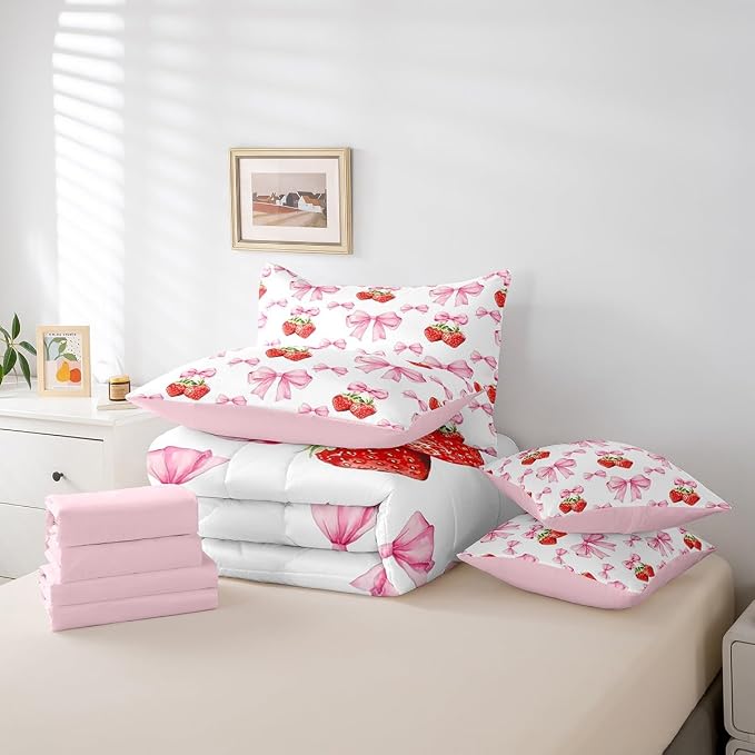 Erosebridal 7 Piece Pink Bowknot Full Bedding Set for Girls Women,Red Strawberry Fruit Kids Comforter Set for Teens Children,Romantic Valentine Bow Print Duvet Set,Dreamy Princess Style Sheet Set - Image 6