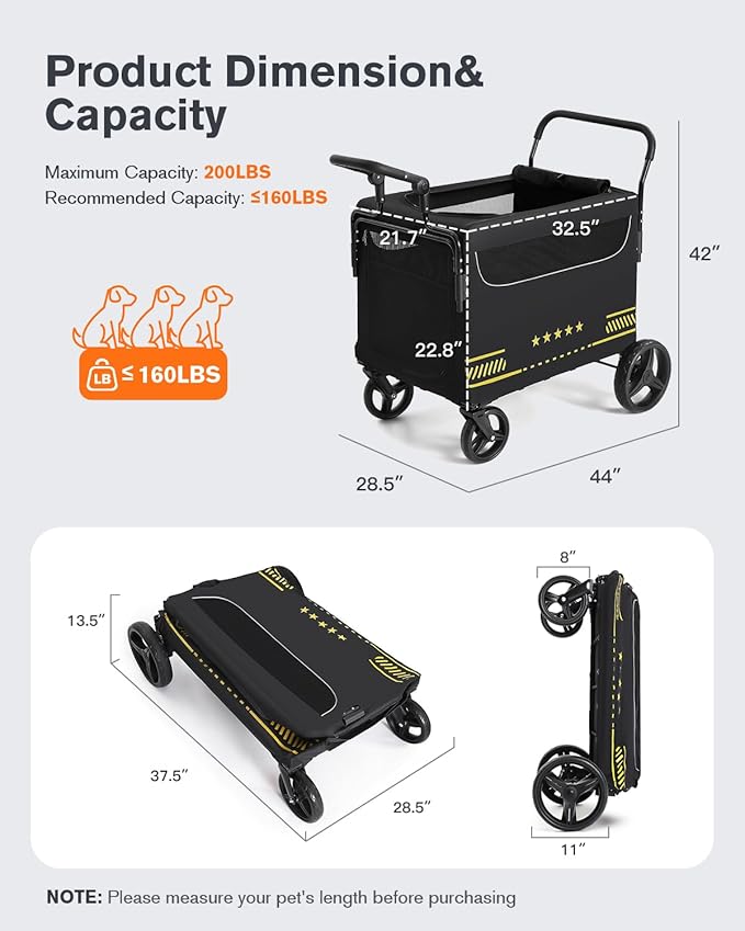 All Terrain Pet Stroller for Medium & Large Dogs with Ramp, Foldable Dog Stroller with Brakes, 3 Entrances, Dual Adjustable Handles with Reversible Push, 160lbs Weight Capacity