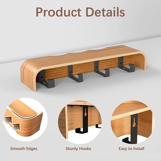 Coat Rack Wall Mount with Hidden Hooks, Wall Hooks with Shelf, Wall Key Holder Mount Wooden Shelf Entryway Hooks for Bedroom Bathroom for Hanging Coats Hats Bags Towels (Oak Wave-Shape, 4 Hooks) - Image 3