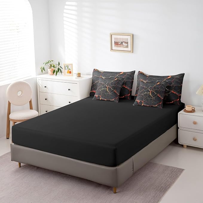 Erosebridal Lightning Comforter Sets with Sheets - Black Marble Print Bedding Set Queen for Boys Girls Orange Lava Theme 7Pcs Bed in A Bag Modern Abstract Bed Set - Image 5