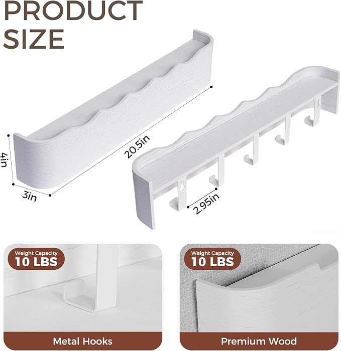 Coat Rack Wall Mount with Shelf Entryway Shelf Modern Key Holder Hanger Wall Shelves with Hidden Hooks for Hanging Towels Coats Hats Bags for Hallway Bathroom Bedroom (Wavy White, 5 Hooks) - Image 2