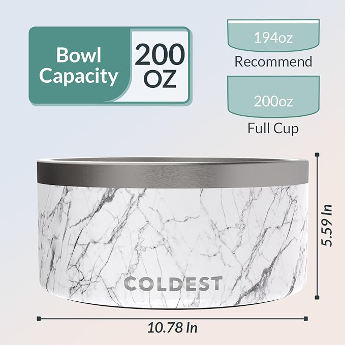 Coldest Dog Bowl - Anti Rust Metal, Non Slip, 3 Layers Insulated Stainless Steel Dog Bowls - Spill Proof & Heavy Duty - Water Bowl for Dogs, Cats & Pets, Dish Washer Safe (200 oz, Carrara Marble) - Image 4