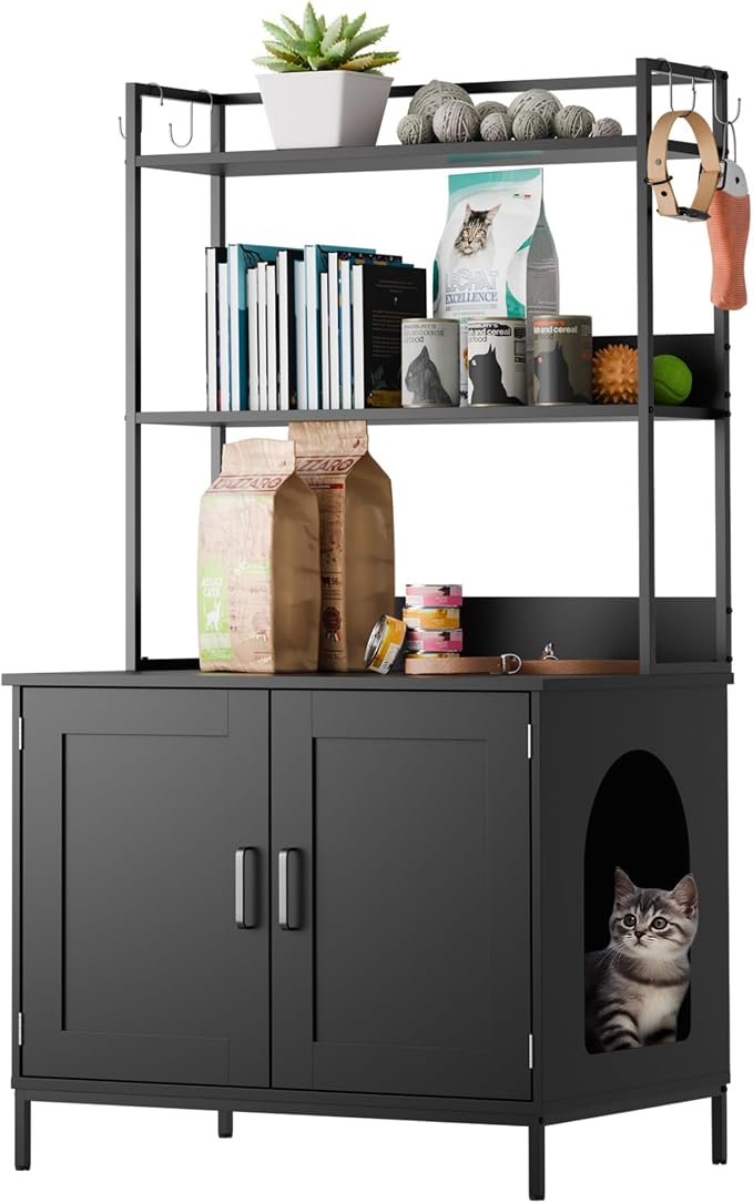 Cozy Castle Cat Litter Box Enclosure with Storage, 57'' Hidden Cat House Furniture, Wooden Cat Cabinet with Shelves & 4 S-Hooks, Indoor Cat Litter Box Organizer, Black - Image 9