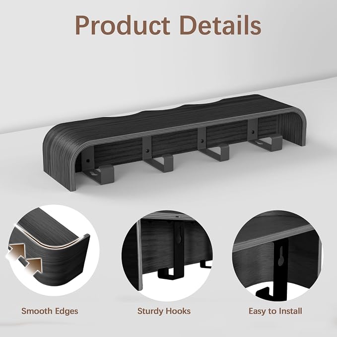 Coat Rack Wall Mount with Hidden Hooks, Wall Hooks with Shelf, Wall Key Holder Mount Wooden Shelf Entryway Hooks for Bedroom Bathroom for Hanging Coats Hats Bags Towels (Black Wave-Shape, 4 Hooks) - Image 3