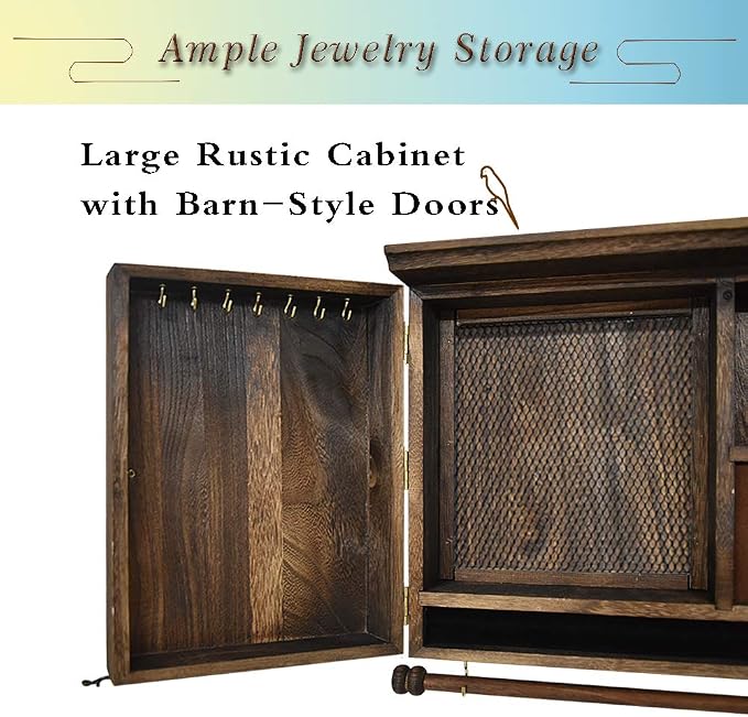 GLANT Rustic Wall Mounted Jewelry Organizer with Wooden Barndoor Decor,Wooden Wall Mount Holder,Jewelry holder for Necklaces, Earings, Bracelets, Ring Holder. Includes matching hook organizer (Rustic) - Image 5