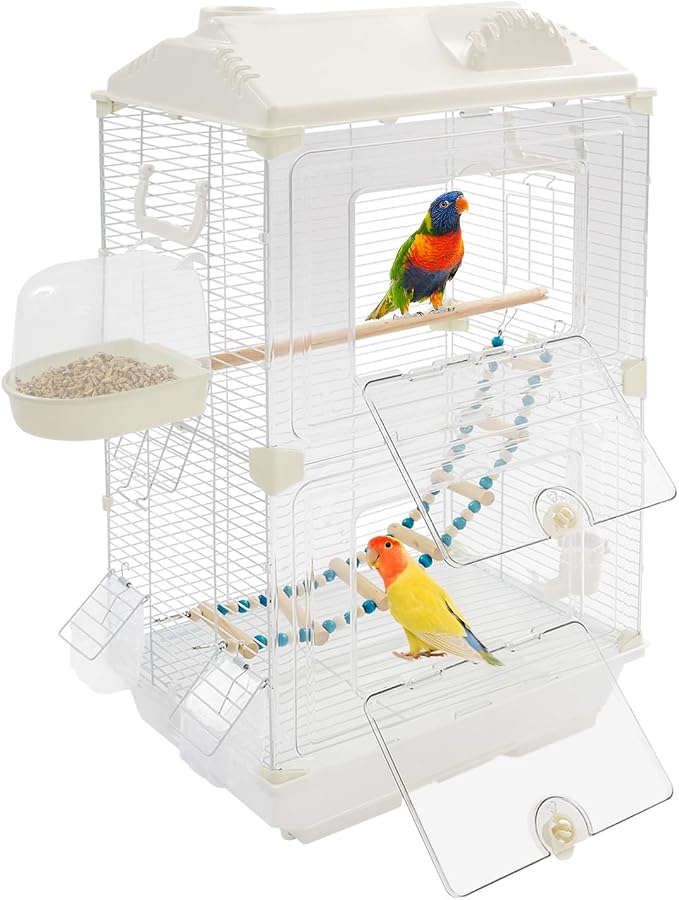 2-Door Wrought Iron Bird Cage Parakeet Cage with Roof & Handles, Parrot Cage Pet Birds Flight Cage, Interactive Birdcages Bird House Travel Cages for 1-3 Birds (28" H, Transparent-B) by Unknown