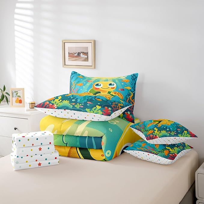 Erosebridal Sea Turtle King Size Comforter Set with Sheets, Ocean Life Bed in A Bag for Kids Teens Youth Adults Bedroom, Underwater World Sea Animal 7 Pcs Bedding Set, Colourful Coral Bed Sets - Image 5