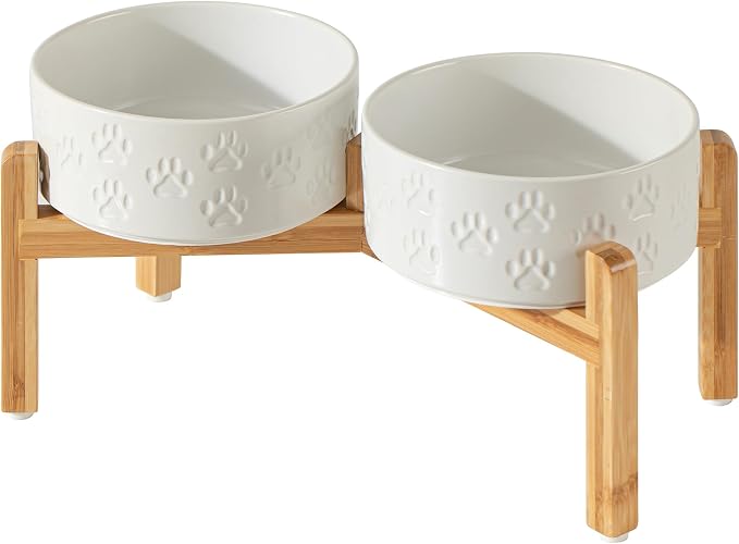 Elevated Ceramic Dog Bowl Set, Anti-Skid Bamboo Stand, White, 7.3 inch | Food and Water Bowls with Fixed Non-Slip Rubber Ring, Microwave Safe, Easy to Clean, 5 Cup per Bowl, for Medium Sized Dogs by Unknown