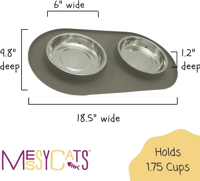 Messy Cats Double Silicone Feeder, Stainless Bowls, 1.75 Cup, Grey | Non-Slip Silicone Double Cat Feeder With Two Removable Stainless Steel Saucer Bowls For Food And Water - Image 4