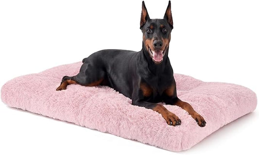 JOEJOY Large Dog Bed Crate Pad, Deluxe Plush Washable Dog Beds Fulffy Soft Kennel Pad Anti-Slip Pet Sleeping Mat for Extra Large Medium Small Dogs, 47" x 29", Pink by JOEJOY