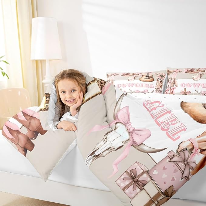 Manfei Pink Bowknot Cowgirl Comforter Set Toddler Size,Retro Farmhouse Guitar Bedding Set for Kids Girls Boys Room Decor,Girly Bows Horse Soft Duvet Insert for All Season,1 Pillowcase,Beige Pink - Image 4