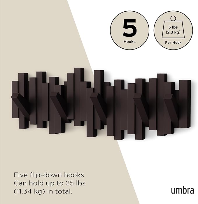 Umbra Sticks Wall Mount Coat Rack, 5 Hook Retractable Pegs, Espresso | Mounting hardware included, sculptural modern design, entryway or bedroom use, recycled plastic - Image 5