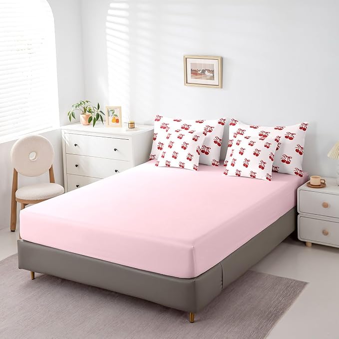 Erosebridal 7 Piece Cherry Bows Kids Comforter Set Twin Bed in a Bag,Dreamy Princess Style Bedding Set for Girls Women,Girly Red Cherries Bowknot Sheet Set,Cartoon Bow Tie Duvet Insert - Image 5