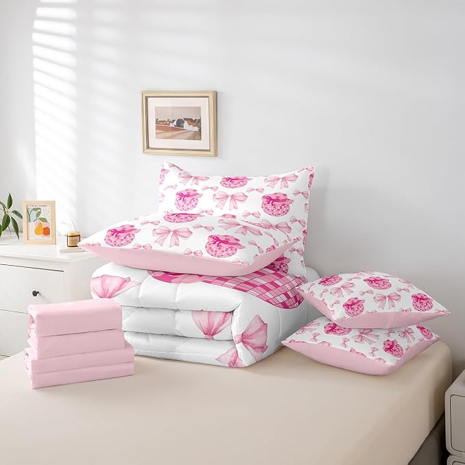 Erosebridal 7 Piece Pink Bowknot Full Bedding Set for Girls Women,Western Cowgirl Kids Comforter Set,Disco Ball Duvet Set,Rustic Farmhouse Cowboy Quilt Comforter,Hippie Bow Valentine Day Sheet Set - Image 6