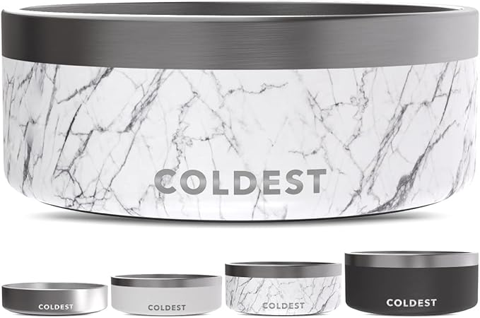 Coldest Dog Bowl - Anti Rust Metal, Non Slip, 3 Layers Insulated Stainless Steel Dog Bowls - Spill Proof & Heavy Duty - Water Bowl for Dogs, Cats & Pets, Dish Washer Safe (64 oz, Carrara Marble) by Coldest