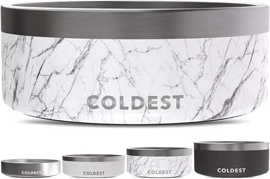 Coldest Dog Bowl - Anti Rust Metal, Non Slip, 3 Layers Insulated Stainless Steel Dog Bowls - Spill Proof & Heavy Duty - Water Bowl for Dogs, Cats & Pets, Dish Washer Safe (64 oz, Carrara Marble) by Coldest