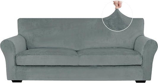 XINEAGE 3-Piece Velvet Sofa Cover,Couch Covers for Dog,Light Gray | 2 Cushion Sofa,Stretch Non-slip Elastic, Pet-friendly, Washable, Fast Setup, Soft Plush Fabric, Furniture Protector. by XINEAGE