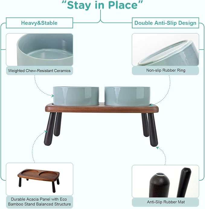 SPUNKYJUNKY Ceramic Elevated Dog Bowls Raised with Acacia Bamboo Wooden Stand, 6.1'' Dog Cat Food Water Bowls Set Non-Slip for Small Medium Sized Breed Microwave Dishwasher Safe - 28.7 OZ,Light Green - Image 4
