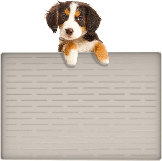 24"x16" Large Dog Food Mat, Silicone Dog and Cat Mats for Food and Water Bowls, Waterproof Raised Edge Pet Feeding Mat for Contain Spills Protects Floors, Multiple Colors & Sizes for Pets, Beige by Goldleaf
