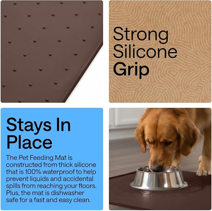 GORILLA GRIP 100% Waterproof Raised Edge BPA Free Silicone Pet Feeding Mat, Dog Cat Food Mats Contain Spills Protects Floors, Placemats for Cats and Dogs Water Bowl, Pets Accessories 18.5x11.5 Brown - Image 3