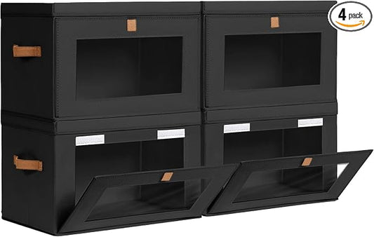 Homsorout Collapsible Storage Bins - Large Stackable Organizer Bins, Decorative Boxes with Handles & Window, Fabric Containers for Living Room, Closet, Dorm, 4 Pack, Black by Homsorout