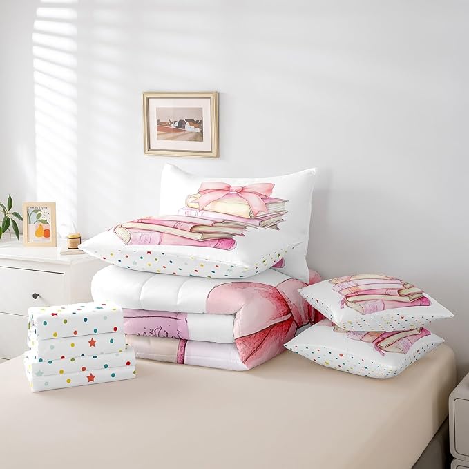 Erosebridal 7 Piece Pink Bow Book Kids Comforter Set King Bed in a Bag,Dreamy Princess Style Kids Girls Bedding Set for Teens,Romantic Valentine Bowknot Sheet Set,Watercolor Bow Tie Duvet Insert - Image 6