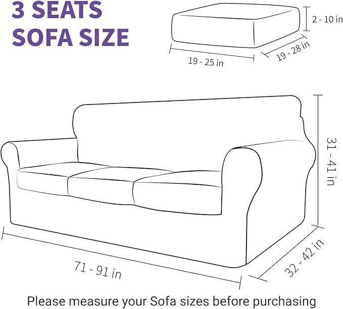 ZNSAYOTX 4 Piece Stretch Sofa Covers (71"-91"), Thick Striped Couch Covers for 3 Cushion Sofa with Elastic Band Bottom Ties Non-Slip Stay in Place, Soft Durable Washable Couch Slipcovers, Dark Grey - Image 6