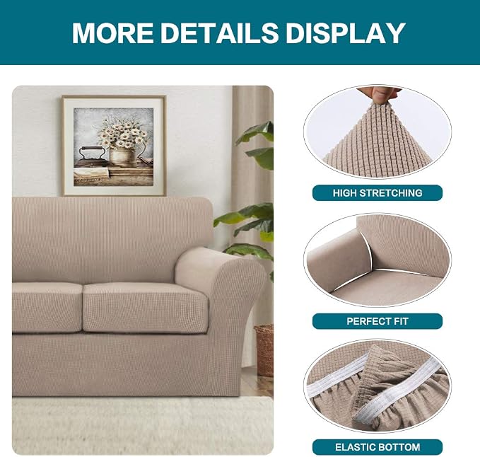 Turquoize 4 Piece Sofa Slipcover Sofa Covers for 3 Cushion Couch Soft Couch Cover for Dogs-Washable Sofa Furniture Covers with 3 Individual Cushion Covers,Feature Jacquard Fabric(3 Cushion Sofa, Sand) - Image 4