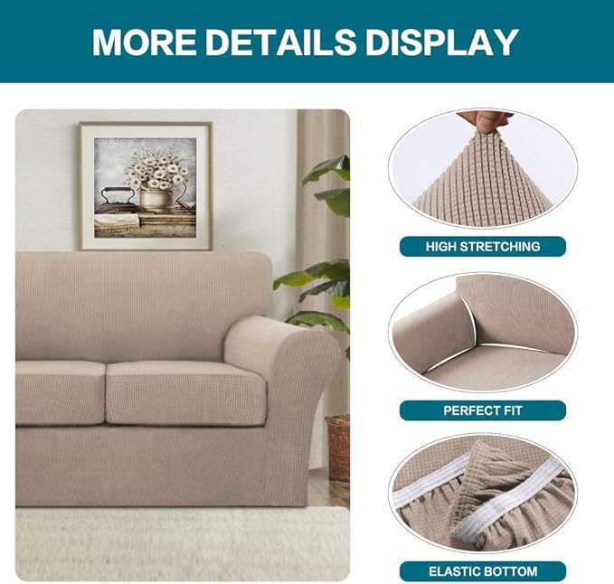 Turquoize 4 Piece Sofa Covers for 3 Cushion Couch Sofa Slipcover Soft Couch Cover for Dogs-Washable Sofa Furniture Covers with 3 Individual Large Cushion Covers, Feature Thick Fabric (XL Sofa, Sand) - Image 4