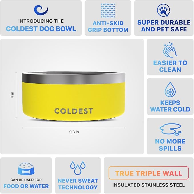 Coldest Dog Bowl - Anti Rust Metal, Non Slip, 3 Layers Insulated Stainless Steel Dog Bowls - Spill Proof & Heavy Duty - Water Bowl for Dogs, Cats & Pets, Dish Washer Safe (100 oz, Solar Yellow) - Image 5