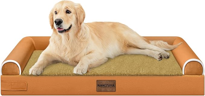 NANUYA Orthopedic Dog Bed for Large Dogs, 36 x 27 Inch, Orange | Egg crate foam for joint support, 3-sided bolster pet sofa, waterproof lining, washable cover, and non-skid base by Nanuya