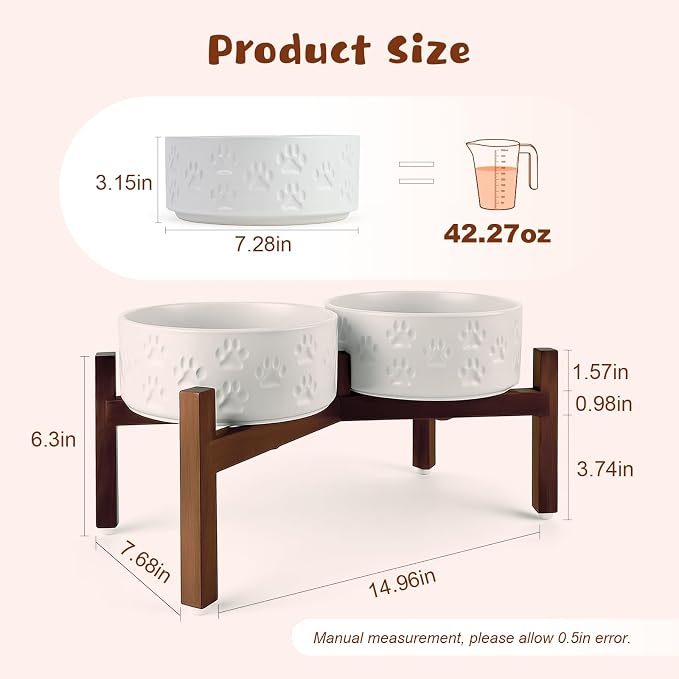 SPUNKYJUNKY Ceramic Elevated Dog Bowl Set with Acacia Wood Stand for Food and Water for Medium Dogs (42.27 OZ, White, Dog Paw Pattern) - Image 2