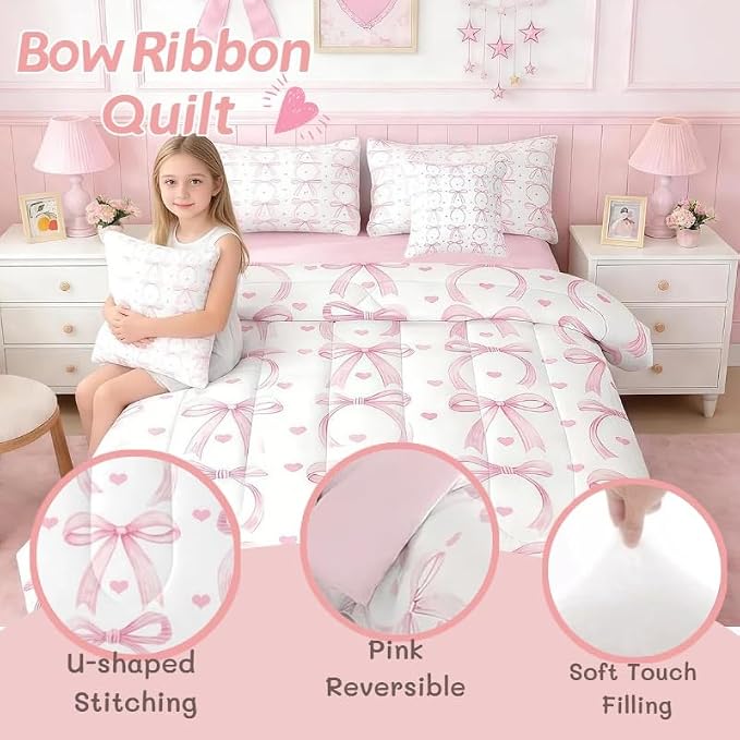 Erosebridal 7 Piece Ribbon Pink Bow Queen Comforter Set for Girls Bowknot Love Heart Bedding Set for Kids Teens Room Decor Coquette Bedding Pink Bows Quilt Bows Bowtie Sheets with Comforter - Image 2