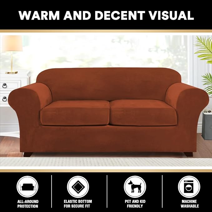 PrinceDeco Couch Cover Velvet Plush Sofa Covers for 2 Cushion Couch Width Up to 90 Inch Washable Furniture Protector Pet Friendly No Slip Sofa Slipcover(Medium-Large, Rust) - Image 6