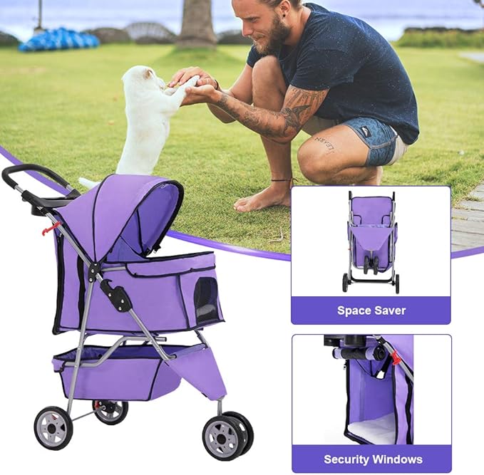 BestPet 3 Wheels Pet Stroller Dog Cat Cage Jogger Stroller for Medium Small Dogs Cats Folding Travel Carrier with Cup Holder, Waterproof Design & Removable Liner, Purple