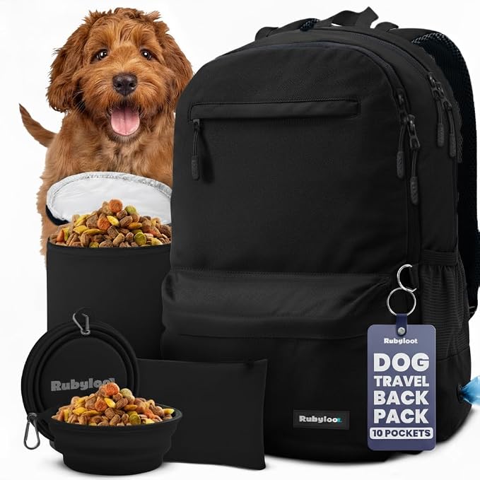 Rubyloo Dog Travel Backpack for Supplies - Dog Diaper Bag with Travel Bowls | 2 BPA-Free Bowls; Food Container & Treat Pouch; Placemat; Laptop Sleeve; Poop Bag Dispenser, Hiking, Camping & Road Trips, by Rubyloo