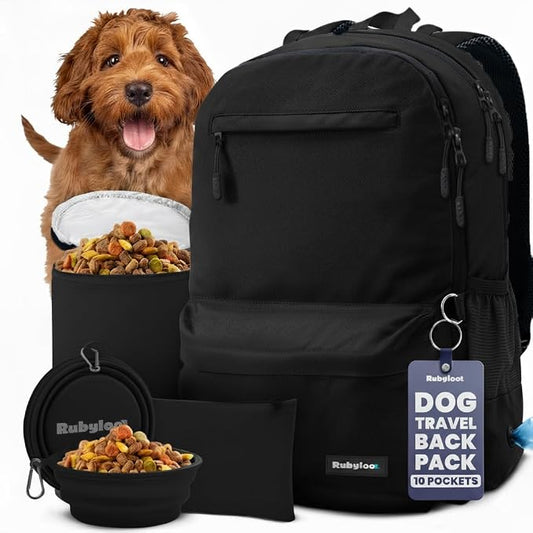 Rubyloo Dog Travel Backpack for Supplies - Dog Diaper Bag with Travel Bowls | 2 BPA-Free Bowls; Food Container & Treat Pouch; Placemat; Laptop Sleeve; Poop Bag Dispenser, Hiking, Camping & Road Trips, by Rubyloo