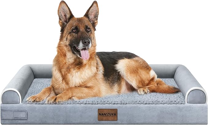 NANUYA Orthopedic Dog Bed for Jumbo Dogs, 48 x 33 Inch, Light Grey | Egg crate foam for joint support, 3-sided bolster pet sofa, waterproof lining, washable cover, and non-skid base by Nanuya