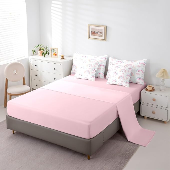 Feelyou Cute Rainbow 7 Piece Bedding Set Pink Blue Comforter Set with Sheets for Kids Boys Girls Star Print Bed in a Bag Cartoon Cute Bed Set Soft Lightweight - Image 4